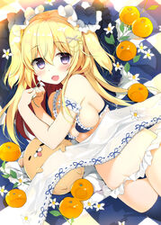  :d amanatsu_purin_(yadapot) animal arm_garter bad_id bad_pixiv_id bare_shoulders bikini blonde_hair blue_bikini blue_bow blue_ribbon blue_thighhighs blush bow breasts canine checkered colored_inner_hair commentary_request cowboy_shot female flower food frilled_bikini frills fruit hair_between_eyes hair_ornament hairbow holding holding_flower large_breasts long_hair looking_at_viewer multicolored_hair oerba_yun_fang open_mouth orange_(fruit) orange_blossoms original pearl_hair_ornament purple_eyes ribbon ribbon-trimmed_bikini ribbon_trim sideboob skin_fang smile solo swimsuit thighhighs two_side_up very_long_hair white_flower x_hair_ornament yadapot 