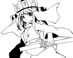  1other androgynous anmita_(rarutos) bad_id bad_link bad_twitter_id belt crown frilled_hat frills greyscale hat highres japanese_clothes len&#039;en monochrome ooya_kunimitsu other_focus red_eyes short_hair solo source_request spot_color sword turtleneck vest weapon 