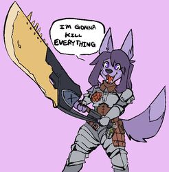  2_frame_animation 2d_animation animated anthro armor canid canine canis capcom fur great_sword_(monster_hunter) greatsword mammal melee_weapon monster_hunter purple_body purple_eyes purple_fur purple_pup_(stardogdraws) short_playtime solo stardogdraws sword weapon wolf 