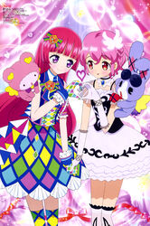  1boy absurdres blush choker dress elbow_gloves female gloves hara_shouji heart heart_hands heart_hands_duo highres hojo_sophy holding_hands imageboard_desourced kuma_(pripara) long_hair mole mole_under_eye multicolored_clothes multicolored_dress multicolored_gloves multicolored_legwear non-web_source official_art otoko_no_ko pink_hair pretty_series pripara purple_eyes red_eyes red_hair reona_west scan smile thighhighs usagi_(pripara) very_long_hair white_legwear 