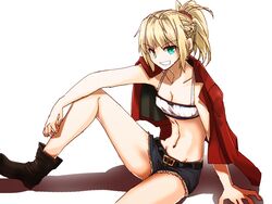  belt blonde_hair braid collarbone commentary_request denim denim_shorts fate/apocrypha fate_(series) female green_eyes grin highres jacket jacket_on_shoulders long_hair midriff mordred_(fate) mordred_(fate/apocrypha) mordred_(memories_at_trifas)_(fate) navel ponytail red_scrunchie ryuuri_(aoithigo) scrunchie shorts sitting smile solo 