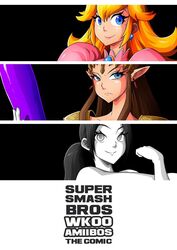  2015 3girls comic dildo_sword eyeliner female female_only fight game lipstick makeup mario_(series) multiple_girls nintendo princess_peach princess_zelda super_smash_bros. the_legend_of_zelda wii_fit wii_fit_trainer witchking00 zelda_(twilight_princess) 