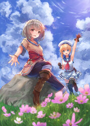  2girls :o aoyuki arm_up belt black_legwear blonde_hair blue_sky boots bracelet brown_eyes brown_footwear brown_gloves brown_hair clenched_hand cloud commentary_request cosmos_(flower) day flower frey_(sennen_sensou_aigis) gloves grass hair_ornament hat highres jewelry knee_boots leaf_(sennen_sensou_aigis) leg_up looking_at_viewer multiple_girls neckerchief on_rock outdoors outstretched_arm pants pink_flower pouch rock running sailor_collar sennen_sensou_aigis short_hair short_sleeves sitting skirt sky sleeveless thighhighs white_hat white_skirt 