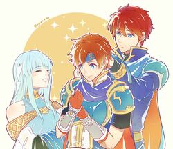  2boys armor bad_id bad_twitter_id bare_shoulders blue_armor blue_eyes blue_hair blush cape closed_eyes commentary_request dress eliwood_(fire_emblem) family father_and_son female fingerless_gloves fire_emblem fire_emblem:_the_binding_blade fire_emblem:_the_blazing_blade fire_emblem_heroes gloves hair_ornament headband jewelry long_hair looking_at_another mother_and_son multiple_boys ninian_(fire_emblem) open_mouth red_gloves red_hair roy_(brave_lion)_(fire_emblem) roy_(fire_emblem) short_hair simple_background smile sparkle taiga_kazame veil 