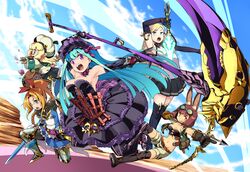  5girls animal_ears armor belt blonde_hair blue_eyes blue_hair boots bow_(weapon) breasts brown_hair cleavage commentary_request elbow_gloves fencer_(sekaiju) fencer_4_(sekaiju) flower gauntlets glasses gloves goggles goggles_on_head gothic_lolita green_eyes hat herbalist_(sekaiju) herbalist_4_(sekaiju) hound_(sekaiju) hound_2_(sekaiju) lolita_fashion long_hair lunarian_(sekaiju) lunarian_2_(sekaiju) medium_breasts midriff minami_juujisei multiple_girls navel open_mouth pointy_ears rabbit_ears reaper_(sekaiju) reaper_4_(sekaiju) scythe sekaiju_no_meikyuu sekaiju_no_meikyuu_5 short_hair shorts skirt sky smile sword warlock_(sekaiju) weapon yellow_eyes 