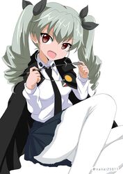  :d anchovy_(girls_und_panzer) anzio_school_uniform black_cape black_necktie black_ribbon black_skirt cape commentary dress_shirt drill_hair emblem female girls_und_panzer green_hair hair_ribbon holding holding_riding_crop legs long_hair long_sleeves looking_at_viewer miniskirt necktie one-hour_drawing_challenge open_mouth pantyhose pleated_skirt red_eyes ribbon riding_crop school_uniform shibagami shirt simple_background sitting skirt smile solo twin_drills twintails twitter_username white_background white_pantyhose white_shirt wing_collar 