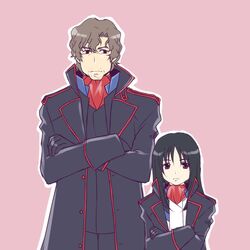  1boy black_eyes black_gloves black_hair brown_hair commentary_request crossed_arms facial_hair female frown gloves height_difference long_coat long_hair long_sleeves makabe_fumihiko minashiro_orihime outline scar short_hair soukyuu_no_fafner stubble takenoko_(flamingo_garden) uniform 