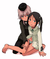  2girls aqua_eyes black_hair blush choker country_connection feet francesca_lucchini giuseppina_ciuinni grey_hair hair_ribbon hat long_hair military military_uniform multiple_girls navel panties pantyhose photoshop_(medium) ribbon shibafu_(glock23) simple_background strike_witches strike_witches:_suomus_misfits_squadron striped_clothes striped_panties sweat toes underwear uniform wavy_mouth white_background world_witches_series yuri 