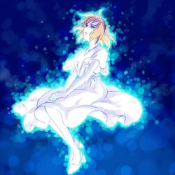  blue_eyes breasts canon_memphis commentary_request dress female glowing hairband highres looking_up medium_breasts parted_lips red_hair sandals short_hair solo soukyuu_no_fafner spoilers takenoko_(flamingo_garden) white_dress 