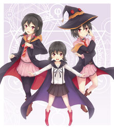  3girls :d aged_down asakurashinji black_hair black_pantyhose boots braid cape commentary_request french_braid full_body hat highres komekko kono_subarashii_sekai_ni_shukufuku_wo! looking_at_viewer low_twintails magic_circle megumin multiple_girls open_mouth pantyhose photoshop_(medium) pleated_skirt pose red_eyes robe short_hair skirt smile twintails v-shaped_eyebrows wavy_mouth witch_hat yunyun_(konosuba) 