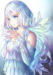  angel angel_wings artist_name blue_eyes blush commentary_request dress female fingers_together frilled_dress frills hair_ornament original parted_lips profile shiny_skin short_hair star_(symbol) star_hair_ornament steepled_fingers tamaki_mitsune white_dress white_hair white_wings wings 