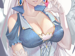  arm_across_waist artist_name bare_shoulders breast_focus breasts chinese_commentary cleavage collarbone commentary_request corset covered_nipples damiaodi dress earrings elbow_gloves feathered_wings feathers female gloves head_out_of_frame heart jewelry large_breasts long_hair original parted_lips pointy_ears short_sleeves silver_hair smile solo teeth upper_body very_long_hair white_gloves white_wings wings 