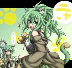  2girls animal_ears animal_hands bad_id bad_pixiv_id bare_shoulders breasts caam_serenity_of_gusto cat_ears cat_girl cat_paws cat_tail collar duel_monster green_eyes green_hair green_tail hair_ornament jacket jewelry large_breasts looking_at_viewer looking_back midriff multiple_girls necklace oerba_yun_fang open_mouth ponytail rei_osamu staff symbol-shaped_pupils tail translation_request winda_(yu-gi-oh!) winda_priestess_of_gusto yu-gi-oh! 