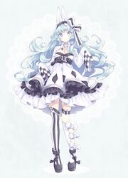  animal_ears asymmetrical_legwear bad_id bad_pixiv_id black_footwear blue_eyes blue_hair bow_legwear braid detached_collar dress female frills full_body hair_ribbon hairband levka long_hair original rabbit_ears ribbon shoes sleeves_past_wrists solo striped_clothes striped_ribbon striped_thighhighs thighhighs uneven_legwear vertical-striped_clothes vertical-striped_thighhighs 