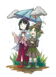  2others amanomiya_jun amanomori_shou androgynous antennae black_hair blue_eyes blunt_bangs boots bow bowtie cape cloud commentary_request day green_eyes green_hair hairband hakama hakama_skirt hat headset holding holding_umbrella japanese_clothes len&#039;en multiple_others open_mouth other_focus outdoors photoshop_(medium) polka_dot rain red_hakama shared_umbrella short_hair skirt smile umbrella umbrella_hair_ornament yamanoskk 