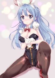  animal_ears bad_anatomy blue_hair blush bow bowtie breasts brown_pantyhose closed_mouth commentary_request detached_collar detached_sleeves female fukuda_shuushi fur_trim granblue_fantasy hands_on_own_chest highres knee_up large_breasts leotard looking_at_viewer pantyhose playboy_bunny puffy_short_sleeves puffy_sleeves rabbit_ears red_bow red_bowtie short_sleeves sitting smile solo spread_legs therese_(granblue_fantasy) 