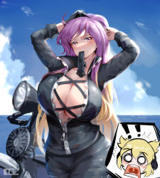  ! !! 2girls ^^^ absurdres alternate_hairstyle biker_clothes bikesuit black_jacket black_pants blonde_hair blue_sky blush blush_stickers bodysuit breasts cowboy_shot cross-laced_clothes earmuffs edz_drawz gloves highres hijiri_byakuren huge_breasts jacket jaw_drop looking_to_the_side motor_vehicle motorcycle multiple_girls o_o open_mouth outdoors pants pointy_hair ponytail purple_eyes purple_hair raised_eyebrow signature single_glove sky solo surprised teeth touhou toyosatomimi_no_miko turbo_byakuren upper_body uvula white_eyes zipper zipper_pull_tab 