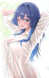  ;d amyu_(amm_asl_pa) arms_behind_head arms_up blue_eyes blue_hair blush breasts commentary female hair_intakes highres hololive large_breasts long_hair looking_at_viewer one_eye_closed ouro_kronii see-through see-through_shirt shirt simple_background smile solo very_long_hair virtual_youtuber white_background white_shirt 