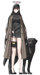  absurdres alfie_(tmdals7645) alternate_costume bag bare_legs black_dog black_dress black_footwear black_hair blue_archive breasts brown_coat canine casual coat coat_on_shoulders commentary dress earrings female full_body halo high_heels highres holding holding_bag holding_own_arm hoop_earrings jewelry large_breasts looking_at_viewer necklace red_eyes rio_(blue_archive) simple_background solo white_background 