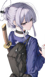  absurdres bags_under_eyes black_choker blue_cardigan breasts cardigan choker female grey_eyes grey_hair grey_halo hair_ornament hair_stick halo highres itokonoue_kaoru large_breasts long_hair looking_at_viewer looking_back mimma_ring_(nobuyueli) project_kv school_uniform shirt simple_background solo sword sword_on_back weapon weapon_behind_back weapon_on_back white_background white_shirt 