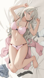  absurdres bare_shoulders barefoot bed bed_sheet black_socks bow bow_panties bra breasts cleavage collared_shirt female full_body gibun_(sozoshu) highres knees_together_feet_apart large_breasts light_brown_hair long_hair lying make_heroine_ga_oo_sugiru! midriff navel on_back on_bed open_mouth panties pink_bra pink_panties pink_sweater pleated_skirt school_uniform shikiya_yumeko shirt skirt socks sweater thighs underwear unworn_shirt unworn_skirt unworn_socks unworn_sweater white_shirt yellow_eyes 