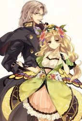  1boy atelier_(series) atelier_shallie ayesha_altugle belt black_coat blonde_hair breasts brown_eyes butterfly_wings coat commentary_request dress facial_hair female flower frilled_dress frills glasses green_dress green_hat grey_hair hair_flower hair_ornament hand_up hat highres insect_wings karasumi_(aiseec) keithgriff_hazeldine long_hair long_sleeves looking_at_viewer moustache old old_man profile red_flower shirt short_hair small_breasts smile smoking_pipe white_shirt wings 