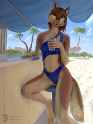  3:4 alcohol anthro beverage bikini canid canine canis chair clothing cocktail coyote female furniture glass hair hi_res mammal plant shaded sky solo swimwear tail techiesxc tree two-piece_swimsuit 