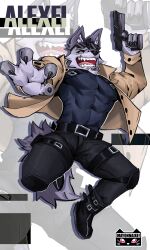  2024 abs absurd_res anthro bad_trigger_discipline barazoku big_muscles biped black_sclera canid canine fox fur grey_body grey_fur gun hi_res holding_gun holding_object holding_ranged_weapon holding_weapon looking_at_viewer lumii male mammal muscular muscular_anthro muscular_male pecs ranged_weapon solo weapon white_eyes 