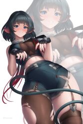  absurdres animal_ears aqua_eyes black_gloves black_hair black_pantyhose black_shorts black_thighhighs breasts cleavage cowboy_shot crop_top danndy female fingerless_gloves fur_trim gloves highres jane_doe_(zenless_zone_zero) large_breasts looking_at_viewer midriff mouse_ears mouse_girl mouse_tail multicolored_hair pantyhose parted_lips red_eyes red_nails see-through see-through_cleavage shorts single_leg_pantyhose single_thighhigh solo tail thighhighs torn_clothes torn_pantyhose torn_thighhighs twitter_username two-tone_hair white_background zenless_zone_zero zoom_layer 