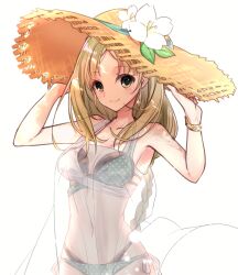  alternate_costume arms_up atelier_(series) atelier_lulua bare_shoulders bikini blonde_hair blue_bikini bracelet breasts cleavage closed_mouth commentary_request covered_navel cowboy_shot dress female flower hands_on_headwear hat hat_flower jewelry karasumi_(aiseec) long_hair looking_at_viewer medium_breasts piana_(atelier) piana_(vivid_two-color)_(atelier) see-through see-through_dress smile solo straw_hat sun_hat swimsuit white_background white_dress white_flower 