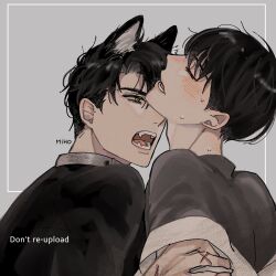  2boys animal_ears artist_name black_hair black_shirt blush border cat_boy cat_ears grey_background highres inset_border kim_dokja looking_at_another male_focus mihokuma multiple_boys omniscient_reader&#039;s_viewpoint open_mouth scar scar_on_hand sharp_teeth shirt short_hair sweat teeth tongue watermark white_border yaoi yellow_eyes yoo_joonghyuk 