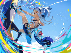  bare_shoulders blue_hair blue_headband blue_sky body_markings breasts crop_top dark-skinned_female dark_skin female fingerless_gloves genshin_impact gloves headband light_blue_hair long_hair medium_breasts mualani_(genshin_impact) red_eyes scottie_(phantom2) shark sky solo surfing tan water 