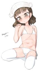  absurdres aged_down bikini brown_eyes dated female flat_chest glasses headpiece highres kantai_collection kneeling maru_(marg0613) one-hour_drawing_challenge pince-nez roma_(kancolle) short_hair side-tie_bikini_bottom simple_background solo swimsuit thighhighs twitter_username white_background white_bikini white_thighhighs 