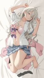  absurdres barefoot bed bed_sheet black_socks bra breasts cleavage collared_shirt female full_body gibun_(sozoshu) highres knees_together_feet_apart large_breasts light_brown_hair long_hair lying make_heroine_ga_oo_sugiru! navel on_back on_bed open_clothes open_mouth open_shirt pink_bra pink_sweater pleated_skirt school_uniform shikiya_yumeko shirt skirt socks sweater thighs underwear unworn_socks unworn_sweater white_shirt yellow_eyes 