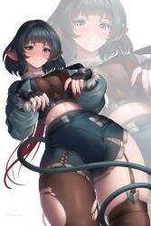  absurdres animal_ears aqua_eyes black_gloves black_hair black_jacket black_pantyhose black_shorts black_thighhighs breasts cleavage cowboy_shot crop_top danndy female fingerless_gloves fur-trimmed_jacket fur_trim gloves highres jacket jane_doe_(zenless_zone_zero) large_breasts looking_at_viewer midriff mouse_ears mouse_girl mouse_tail multicolored_hair pantyhose parted_lips red_eyes red_nails see-through see-through_cleavage shorts single_leg_pantyhose single_thighhigh solo tail thighhighs torn_clothes torn_pantyhose torn_thighhighs twitter_username two-tone_hair white_background zenless_zone_zero zoom_layer 