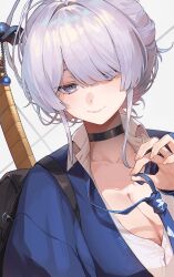  black_choker blue_cardigan blush breasts cardigan choker cleavage closed_mouth collared_shirt commentary_request female grey_eyes grey_hair hair_bun hair_ornament hair_over_one_eye hair_stick highres itokonoue_kaoru large_breasts long_hair looking_at_viewer manic_shd project_kv school_uniform shirt simple_background smile solo white_background white_hair 