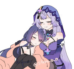  2girls acheron_(honkai:_star_rail) bare_shoulders black_gloves black_swan_(honkai:_star_rail) blanket blush boots breasts closed_eyes detached_sleeves eyes_visible_through_hair full_body gloves hair_over_one_eye hand_on_another&#039;s_shoulder head_on_another&#039;s_shoulder honkai:_star_rail honkai_(series) long_hair multicolored_hair multiple_girls pantyhose parted_bangs pink_hair purple_hair purple_veil signature sitting sleeping smile streaked_hair thigh_boots white_background yoichi_(umagoya) yuri 