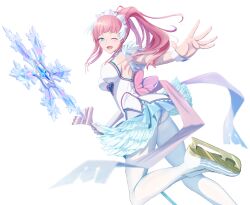  axe blue_eyes blush breasts dress feather_trim felicia_(fire_emblem) felicia_(ice)_(fire_emblem) female figure_skating fire_emblem fire_emblem_fates fire_emblem_heroes highres holding holding_axe ice_skates leggings long_hair looking_at_viewer matoimangekyo official_alternate_costume one_eye_closed open_mouth panties pink_hair ponytail skates solo underwear white_dress white_footwear white_leggings wrist_cuffs 