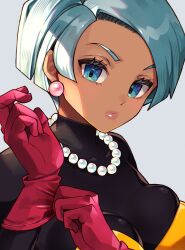  bead_necklace beads black_bodysuit blue_eyes blue_hair bodysuit breasts closed_mouth commentary_request dark-skinned_female dark_skin dragon_quest dragon_quest_iii eyelashes female gloves highres jewelry kuzuno_ha large_breasts looking_at_viewer necklace red_gloves short_hair solo teeth thief_(dq3) upper_teeth_only 