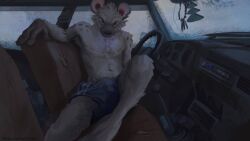  16:9 2024 anthro bottomwear car clothed clothing digital_media_(artwork) hyena inside_car inside_vehicle looking_at_viewer male mammal navel nipples nkotova99 shorts shorts_only solo spotted_hyena topless vehicle widescreen 