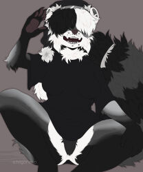  2021 ambiguous_gender anthro black_body black_clothing black_fur black_hair black_shirt black_topwear bottomless brown_background brown_nose brown_pawpads cheek_tuft chin_piercing clothed clothing digital_media_(artwork) facial_piercing facial_tuft front_view fur gesture grey_body grey_fur grey_spots hair hi_res mammal multicolored_body multicolored_fur multicolored_hair nose_piercing open_moth pawpads piercing shirt simple_background sitting solo species_request spots spotted_face tail_fluff tametama teeth topwear tuft two_tone_hair waving white_ears white_fr white_hair 