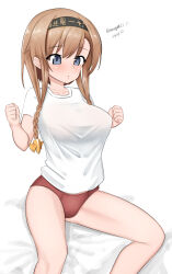  absurdres alternate_costume black_headband braid buruma clothes_writing dated female gym_shirt gym_uniform hair_ornament headband highres kantai_collection light_brown_hair low_twintails maru_(marg0613) one-hour_drawing_challenge propeller_hair_ornament red_buruma shirt simple_background sitting solo t-shirt teruzuki_(kancolle) twin_braids twintails twitter_username white_background white_shirt 