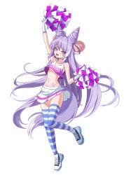  arm_up bare_shoulders breasts character_name cheerleader cone_hair_bun crop_top cross-laced_footwear double_bun female fox_girl fox_tail full_body gloves hair_bun hand_up heterochromia highres holding holding_pom_poms long_hair looking_at_viewer navel oerba_yun_fang open_mouth pom_pom_(cheerleading) purple_hair shoes simple_background skirt small_breasts smile solo standing stellive stomach striped_clothes striped_thighhighs tail tenko_shibuki thighhighs very_long_hair virtual_youtuber white_background white_footwear white_gloves white_skirt yt9676 zettai_ryouiki 