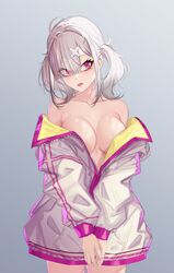  ahoge bare_shoulders blunt_bangs breasts collarbone cross_print expressionless eyes_visible_through_hair female gradient_background grey_background grey_hair gurumyuu hair_ornament hair_over_one_eye hairclip highres jacket large_breasts long_sleeves mole mole_under_eye multicolored_clothes multicolored_jacket naked_jacket nijisanji own_hands_together partially_unzipped pink_eyes pink_jacket solo sukoya_kana thighs tongue tongue_out twintails two-sided_fabric two-sided_jacket v_arms virtual_youtuber white_jacket x_hair_ornament yellow_jacket 