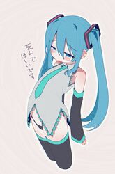  aqua_necktie aqua_trim banananosongen black_panties black_thighhighs blue_eyes blue_hair blush blush_stickers commentary cropped_legs detached_sleeves female film_grain flat_chest grey_shirt hair_between_eyes half-closed_eyes hatsune_miku highres leaning_back narrowed_eyes necktie no_pants panties shirt sleeveless sleeveless_shirt spiral_background string_panties thighhighs thighs translated twintails underwear vocaloid white_background 