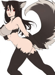  2022 anthro ass black_hair breasts canid canine colored ears_up female fox fur fur_bikini fur_bra gekko-seishin hair hi_res humanoid leg_markings looking_at_viewer mammal markings open_mouth red_eyes side_boob side_view socks_(marking) solo spread_legs spreading standing tail the_sake_ninja true_fox were werecanid werecanine werefox 