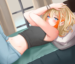  absurdres akai_watame bed black_shirt blue_eyes blush breasts closed_mouth commentary_request cowboy_shot expressionless female grey_pants hands_on_own_head highres light_brown_hair looking_at_viewer lying medium_bangs midriff multicolored_hair nanashi_inc. navel on_back open_fly orange_hair pants pillow shirt short_hair sleeveless sleeveless_shirt small_breasts solo touri_sei touri_sei_(2nd_costume) two-tone_hair virtual_youtuber window 