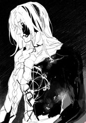  1boy blood blood_on_face braid commentary_request cracked_skin dog_9uk elden_ring greyscale highres korean_commentary long_hair male_focus monochrome nude radagon_of_the_golden_order single_braid solo upper_body 