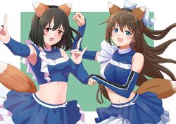  2girls animal_ears armpits asymmetrical_clothes black_hair blue_eyes blue_shirt blue_skirt blue_sleeves border breasts brown_hair commentary_request cropped_shirt detached_sleeves fake_animal_ears fox_ears fox_shadow_puppet fox_tail frilled_shirt frills green_background hair_between_eyes highres long_hair looking_at_viewer love_live! love_live!_nijigasaki_high_school_idol_club medium_breasts midriff mifune_shioriko multiple_girls navel open_mouth osaka_shizuku outside_border paw_pose pleated_skirt red_eyes shirt short_hair sidelocks skirt tail taiyakippassion upper_body white_border 