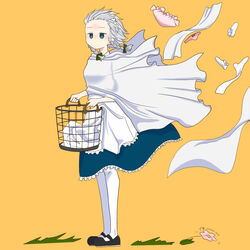  basket black_eyes black_footwear black_ribbon bow bow_panties braid female grey_hair hat holding holding_basket izayoi_sakuya kinyugosi1003 kyoufuu_all_back_(vocaloid) laundry laundry_basket maid maid_headdress mob_cap no_mouth panties pink_panties ribbon socks solo touhou twin_braids underwear white_socks yellow_background 